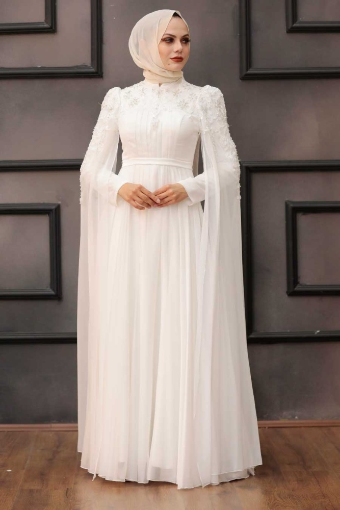 Tesettürlü Abiye Elbise - Robe de soirée islamique écru 21990E - 1