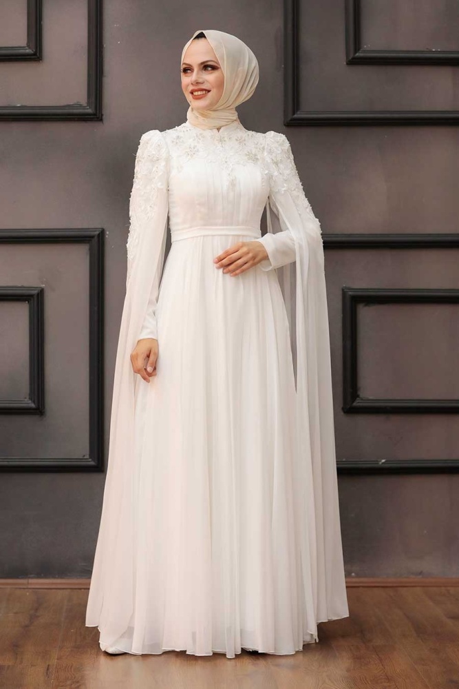 Tesettürlü Abiye Elbise - Robe de soirée islamique écru 21990E - 3