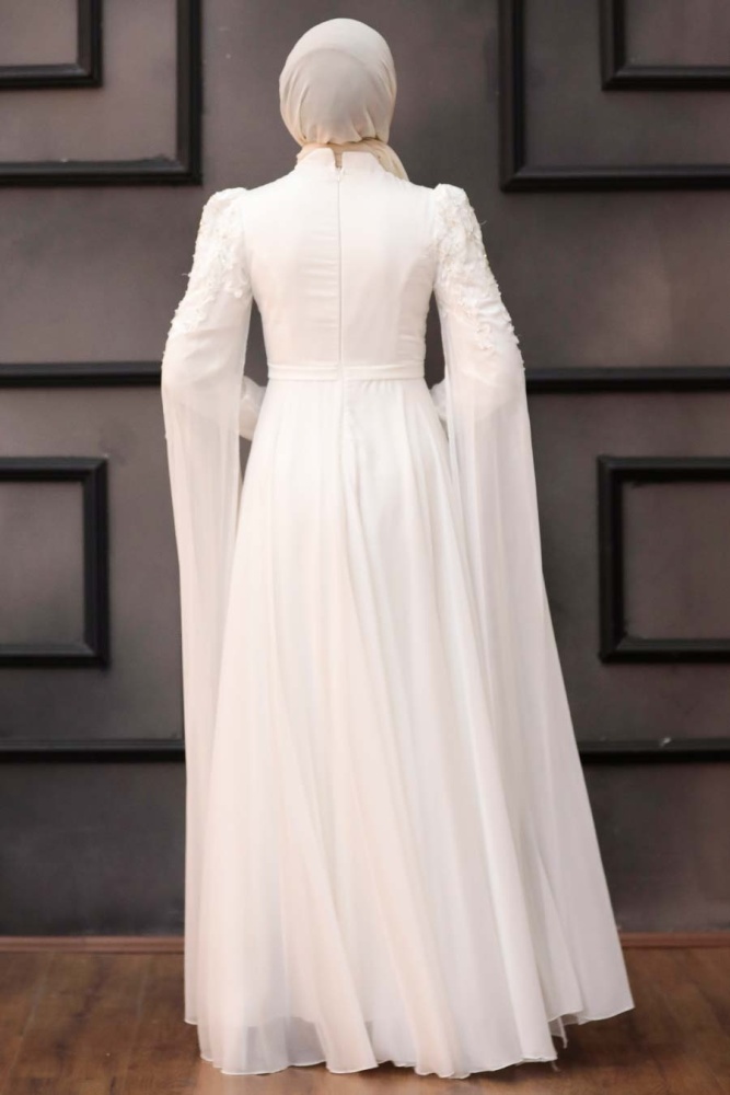 Tesettürlü Abiye Elbise - Robe de soirée islamique écru 21990E - 4
