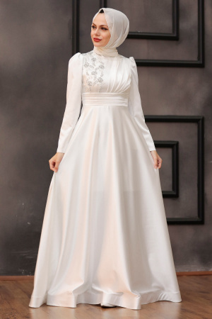 Tesettürlü Abiye Elbise -Robe de soirée islamique écru 22010E - 1