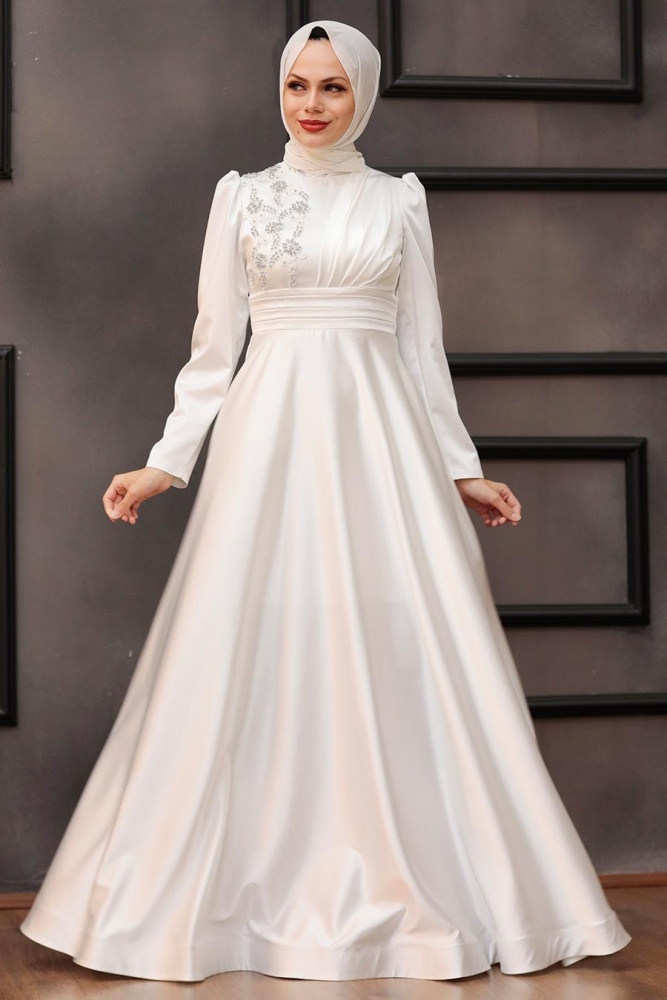Tesettürlü Abiye Elbise -Robe de soirée islamique écru 22010E - 2