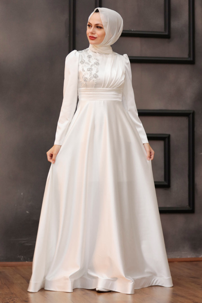 Tesettürlü Abiye Elbise -Robe de soirée islamique écru 22010E - 3