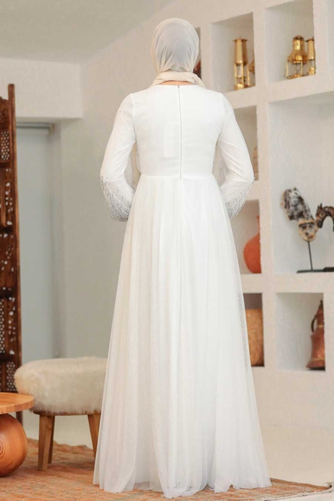 Tesettürlü Abiye Elbise -Robe de soirée islamique écru 22021E - 2