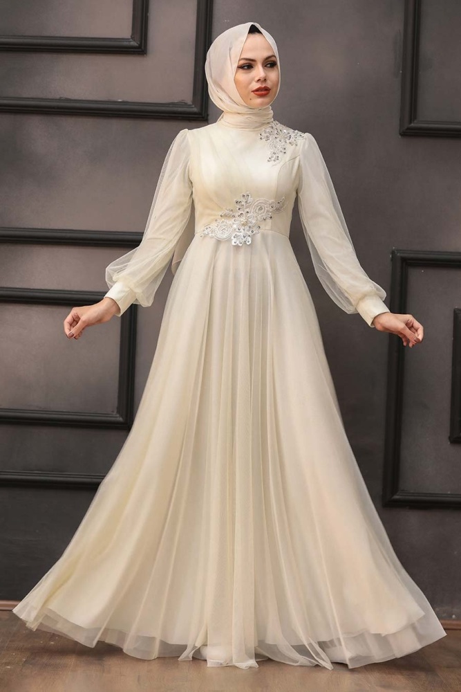 Tesettürlü Abiye Elbise - Robe de soirée islamique écru 22061E - 1