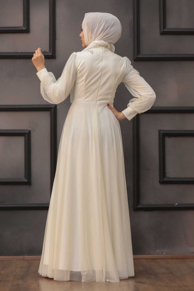 Tesettürlü Abiye Elbise - Robe de soirée islamique écru 22061E - 2