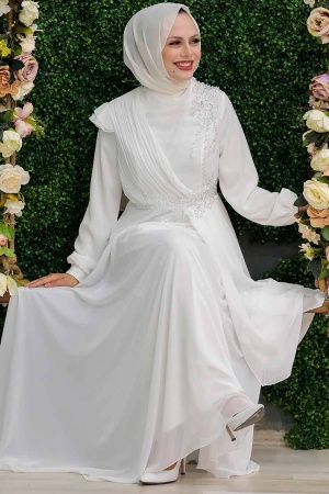 Tesettürlü Abiye Elbise -Robe de soirée islamique écru 25791E - 2