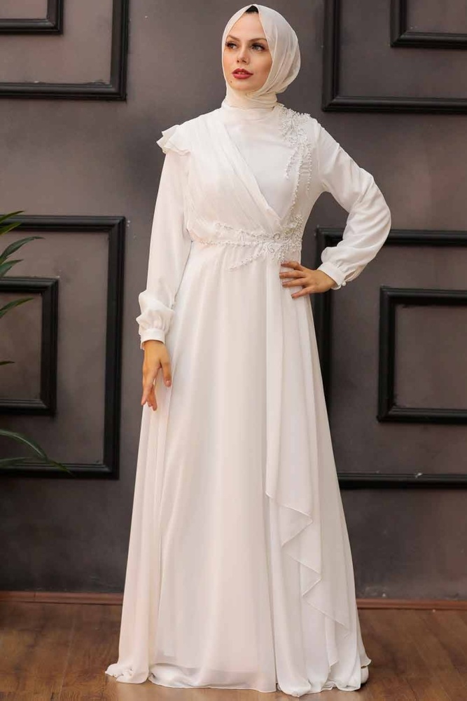 Tesettürlü Abiye Elbise -Robe de soirée islamique écru 25791E - 1