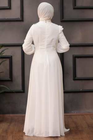 Tesettürlü Abiye Elbise -Robe de soirée islamique écru 25791E - 3