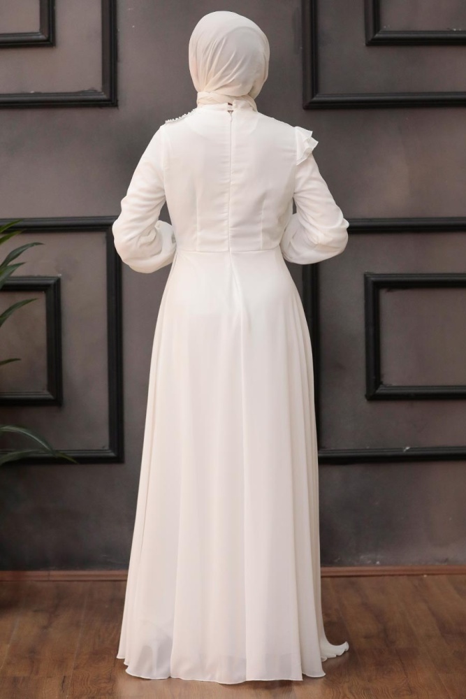 Tesettürlü Abiye Elbise -Robe de soirée islamique écru 25791E - 3
