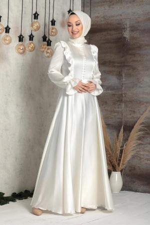 Tesettürlü Abiye Elbise - Robe de soirée islamique écru 2752E - 2