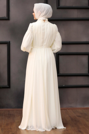 Tesettürlü Abiye Elbise - Robe de soirée islamique écru 4071E - 2