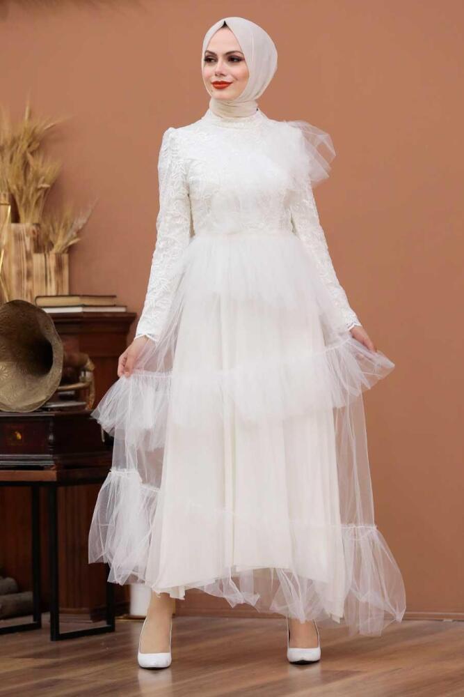 Tesettürlü Abiye Elbise - Robe de soirée islamique écru 4099E - 1