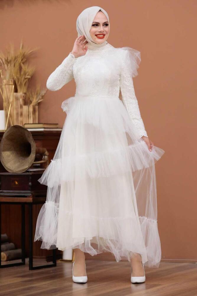 Tesettürlü Abiye Elbise - Robe de soirée islamique écru 4099E - 2