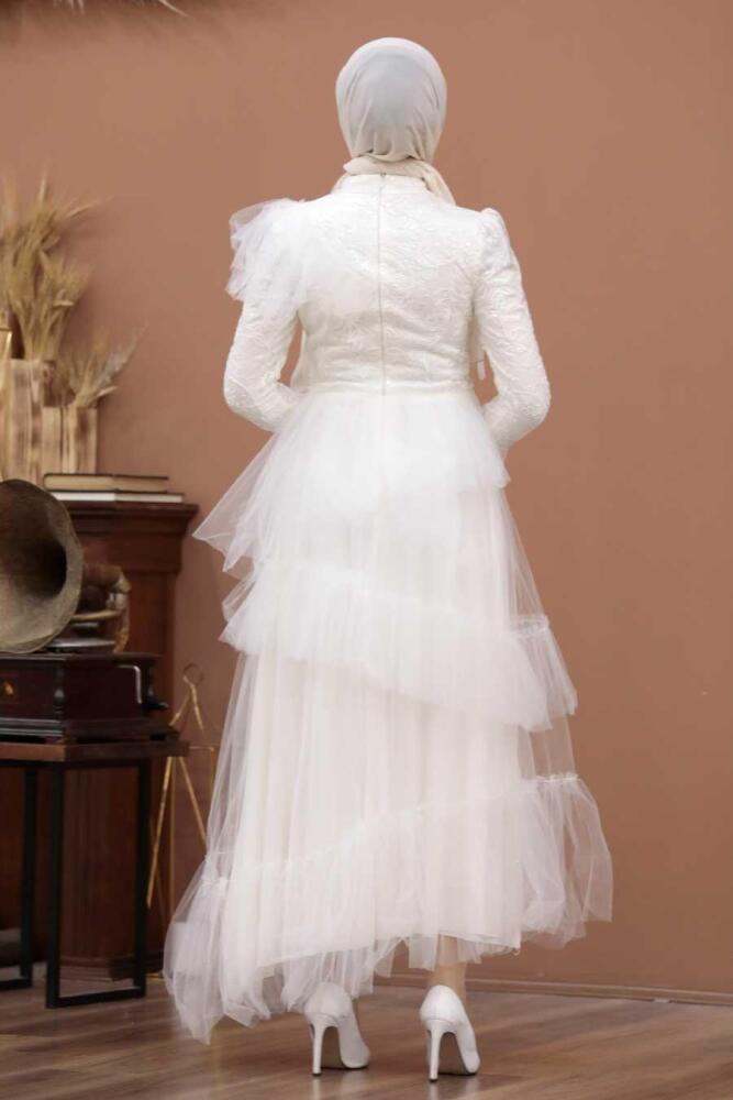 Tesettürlü Abiye Elbise - Robe de soirée islamique écru 4099E - 3