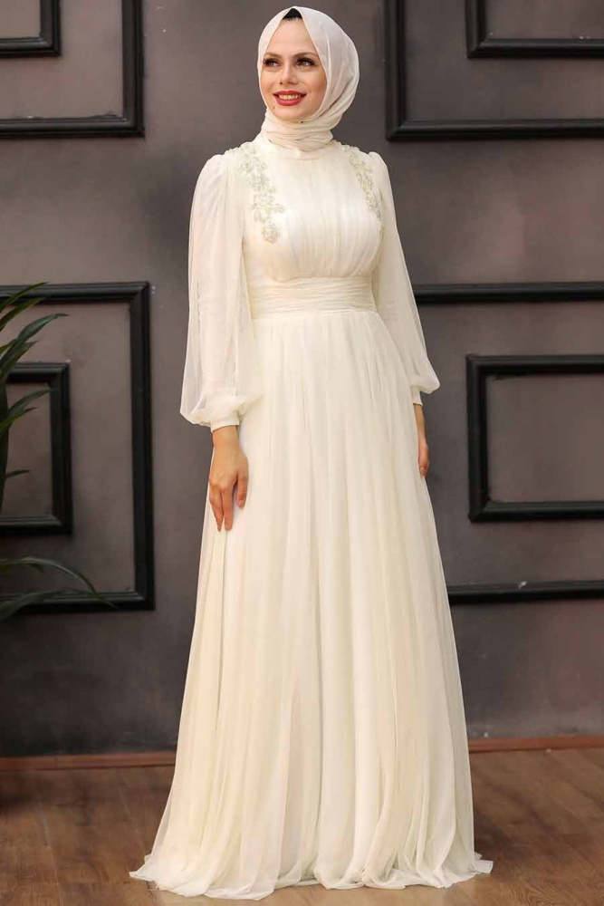 Tesettürlü Abiye Elbise -Robe de soirée islamique écru 41740E - 1