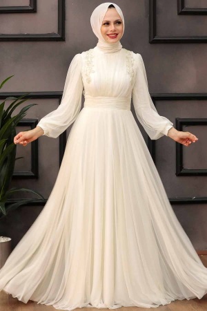 Tesettürlü Abiye Elbise -Robe de soirée islamique écru 41740E - 2