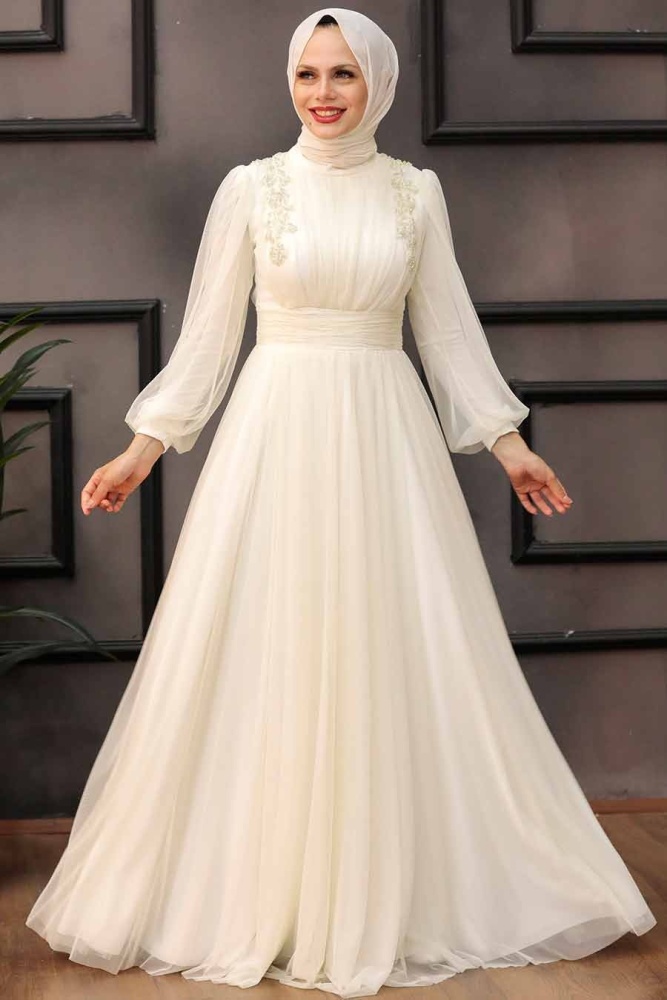 Tesettürlü Abiye Elbise -Robe de soirée islamique écru 41740E - 3
