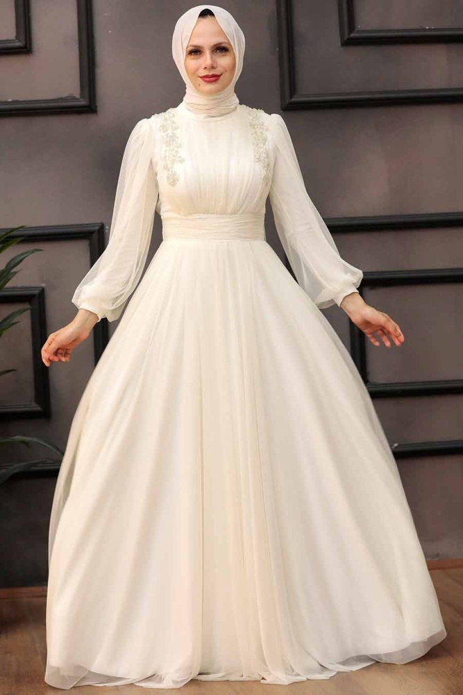 Tesettürlü Abiye Elbise -Robe de soirée islamique écru 41740E - 4