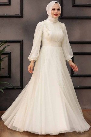 Tesettürlü Abiye Elbise -Robe de soirée islamique écru 41740E - 5