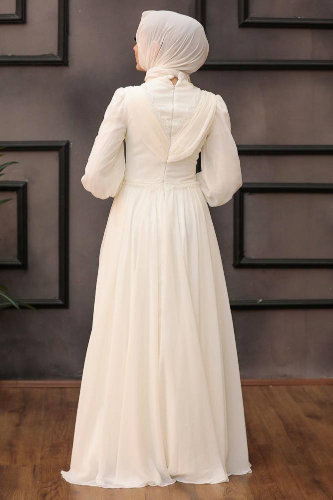 Tesettürlü Abiye Elbise -Robe de soirée islamique écru 4312E - 4