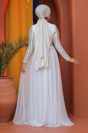 Tesettürlü Abiye Elbise - Robe de soirée islamique écru 5338E - 4