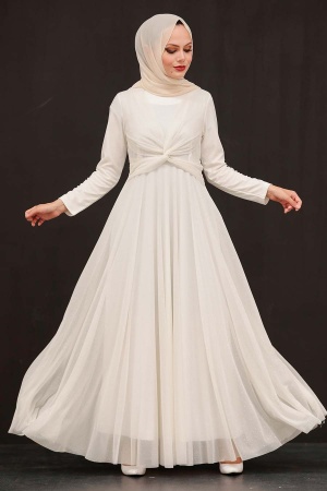 Tesettürlü Abiye Elbise - Robe de soirée islamique écru 5397E - 1