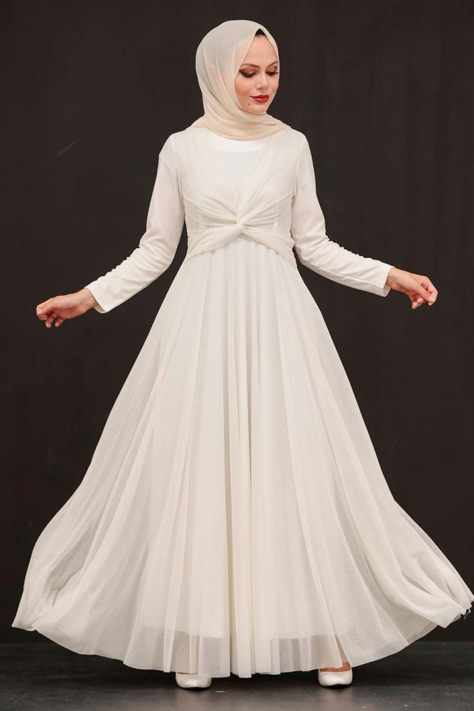 Tesettürlü Abiye Elbise - Robe de soirée islamique écru 5397E - 1