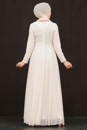 Tesettürlü Abiye Elbise - Robe de soirée islamique écru 5397E - 2