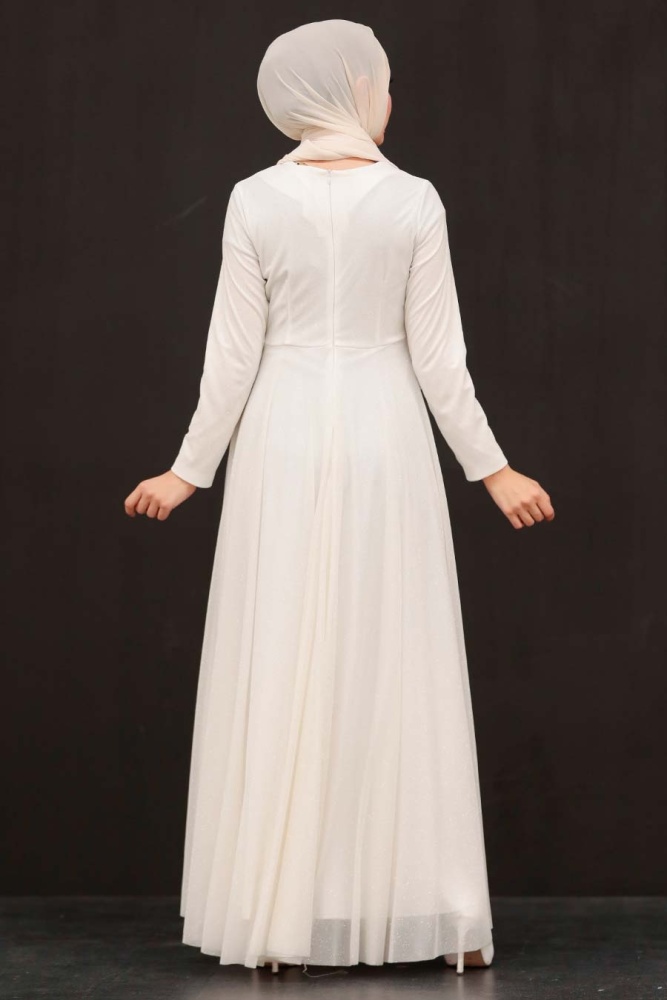 Tesettürlü Abiye Elbise - Robe de soirée islamique écru 5397E - 2