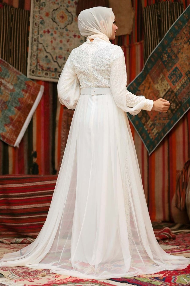 Tesettürlü Abiye Elbise - Robe de soirée islamique écru 5441E - 3