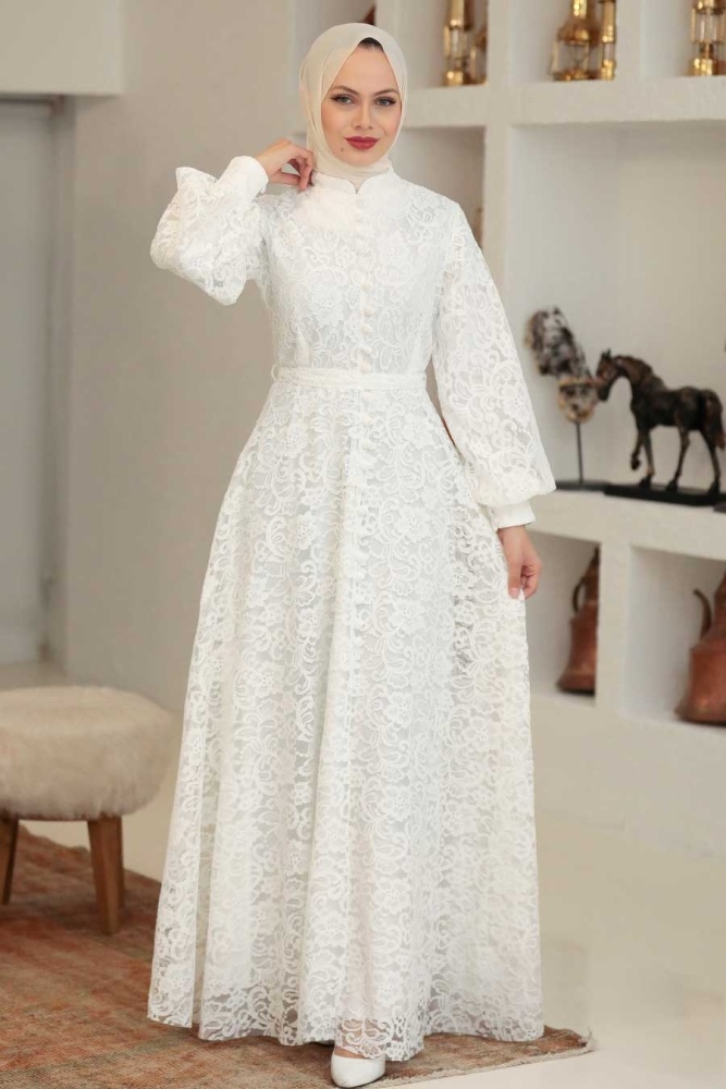 Tesettürlü Abiye Elbise -Robe de soirée islamique écru 5477E - 1