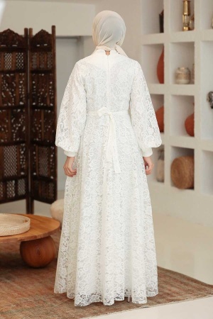 Tesettürlü Abiye Elbise -Robe de soirée islamique écru 5477E - 2