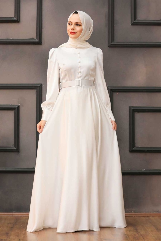 Tesettürlü Abiye Elbise - Robe de soirée islamique écru à boutons détaillés 3038E - 1