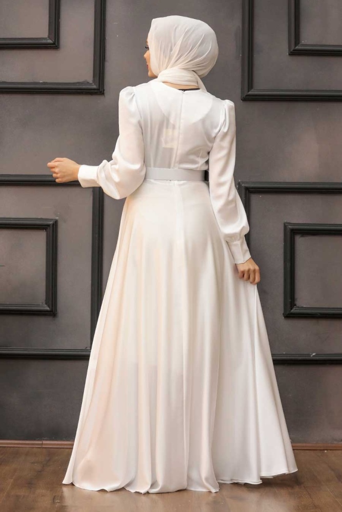 Tesettürlü Abiye Elbise - Robe de soirée islamique écru à boutons détaillés 3038E - 2