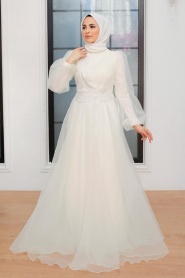 Tesettürlü Abiye Elbise - Robe de Soirée Islamique Ecru 22540E - Thumbnail