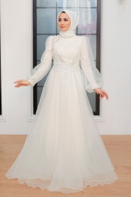 Tesettürlü Abiye Elbise - Robe de Soirée Islamique Ecru 22540E - Thumbnail