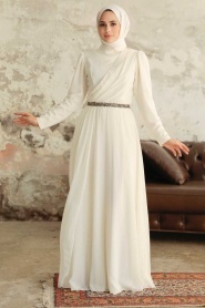Tesettürlü Abiye Elbise - Robe de Soirée Islamique Ecru 5737E - Thumbnail