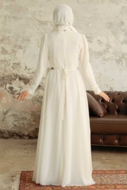 Tesettürlü Abiye Elbise - Robe de Soirée Islamique Ecru 5737E - Thumbnail