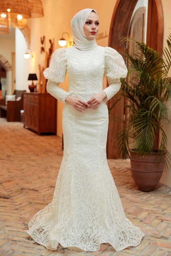 Tesettürlü Abiye Elbise - Robe de Soirée Islamique Ecru 865E - 1