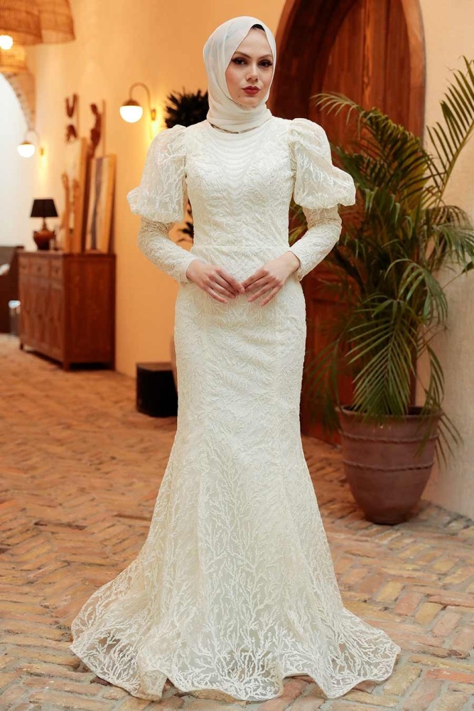 Tesettürlü Abiye Elbise - Robe de Soirée Islamique Ecru 865E - 2