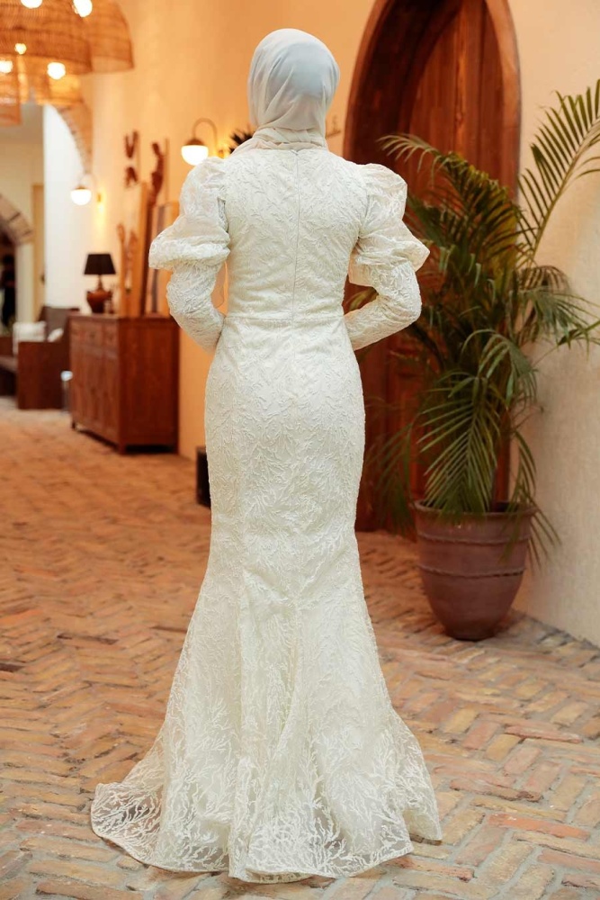 Tesettürlü Abiye Elbise - Robe de Soirée Islamique Ecru 865E - 3