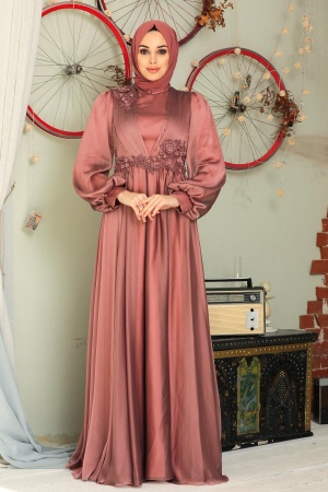Tesettürlü Abiye Elbise - Robe de soirée islamique en cuivre 21630BKR - 2