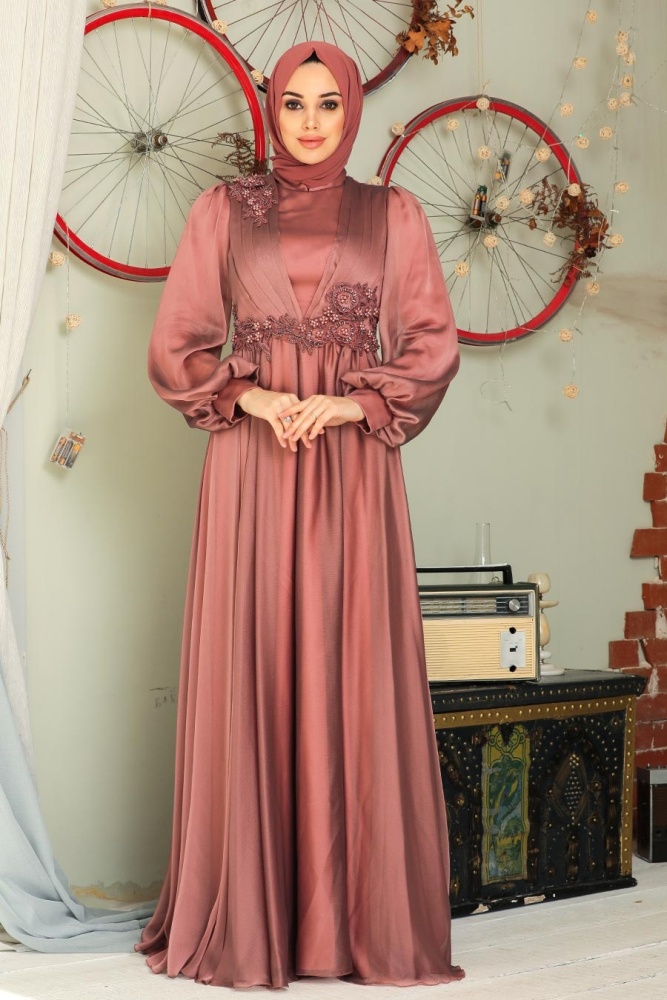 Tesettürlü Abiye Elbise - Robe de soirée islamique en cuivre 21630BKR - 2