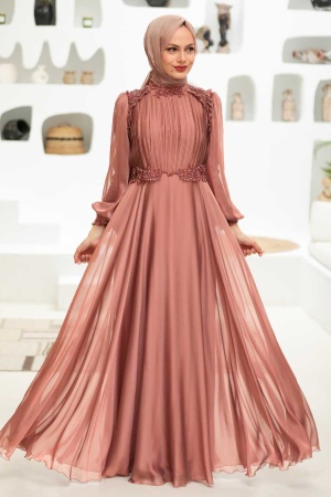 Tesettürlü Abiye Elbise -Robe de soirée islamique en cuivre 21640BKR - 1