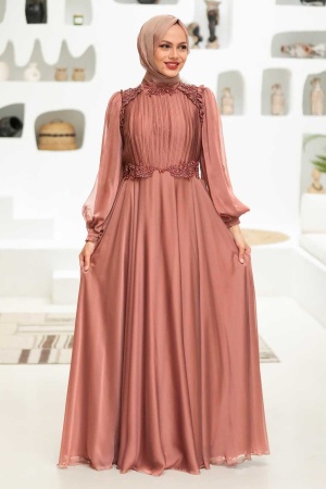Tesettürlü Abiye Elbise -Robe de soirée islamique en cuivre 21640BKR - 2