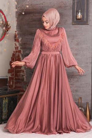 Tesettürlü Abiye Elbise - Robe de soirée islamique en cuivre 21731BKR - 1