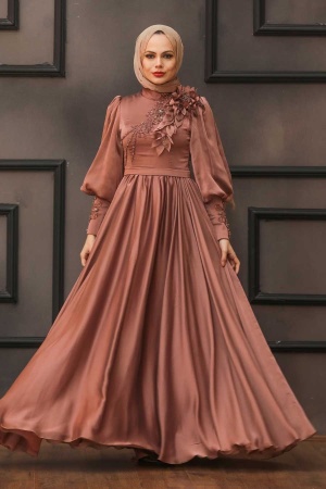 Tesettürlü Abiye Elbise -Robe de soirée islamique en cuivre 21960BKR - 1