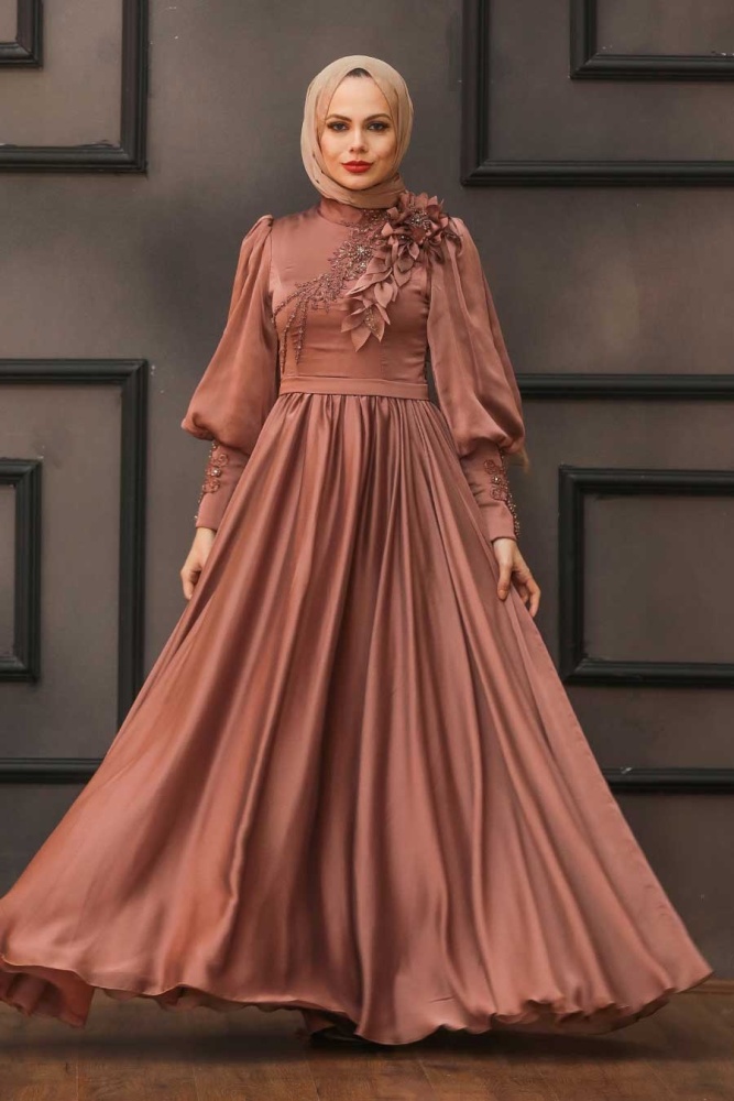 Tesettürlü Abiye Elbise -Robe de soirée islamique en cuivre 21960BKR - 1