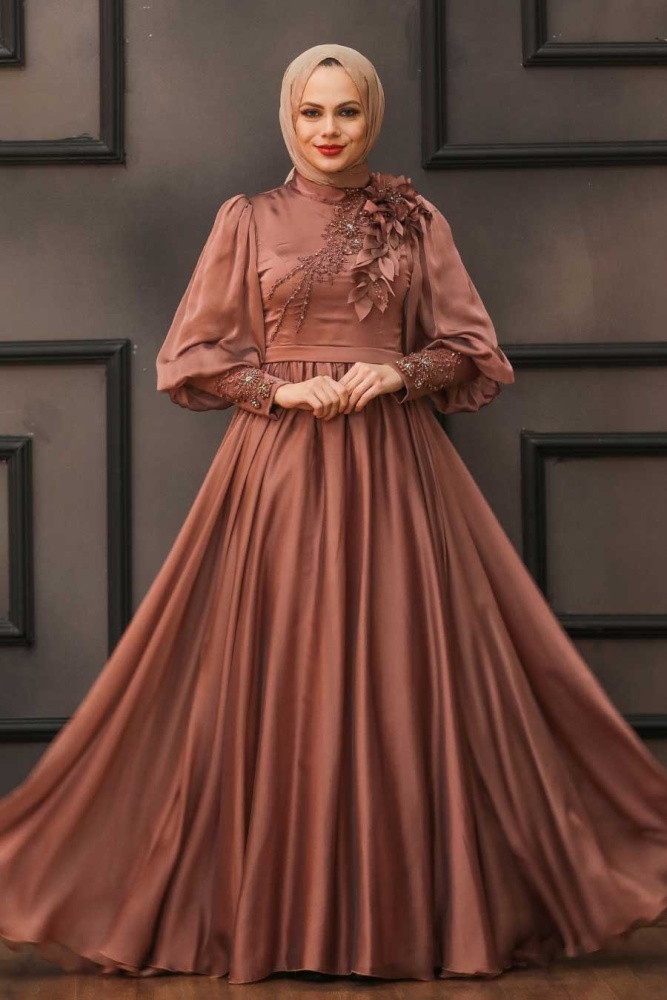 Tesettürlü Abiye Elbise -Robe de soirée islamique en cuivre 21960BKR - 2