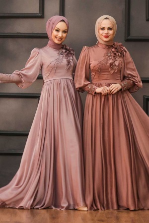 Tesettürlü Abiye Elbise -Robe de soirée islamique en cuivre 21960BKR - 3